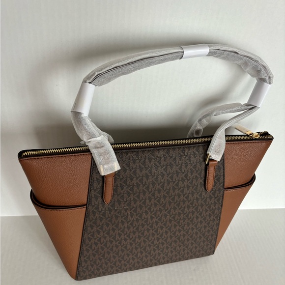 NWT Michael Kors Charlotte Top Zip Tote MK Signature Shoulder Bag Brown - Picture 12 of 15